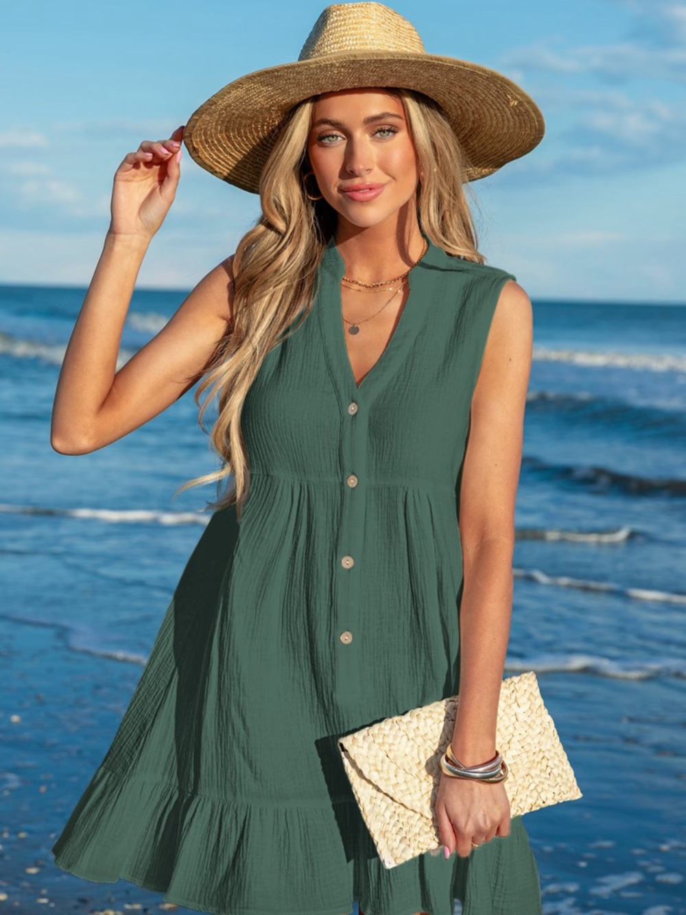 NWT Sleeveless V-Neck Tiered Dress in Dark Green